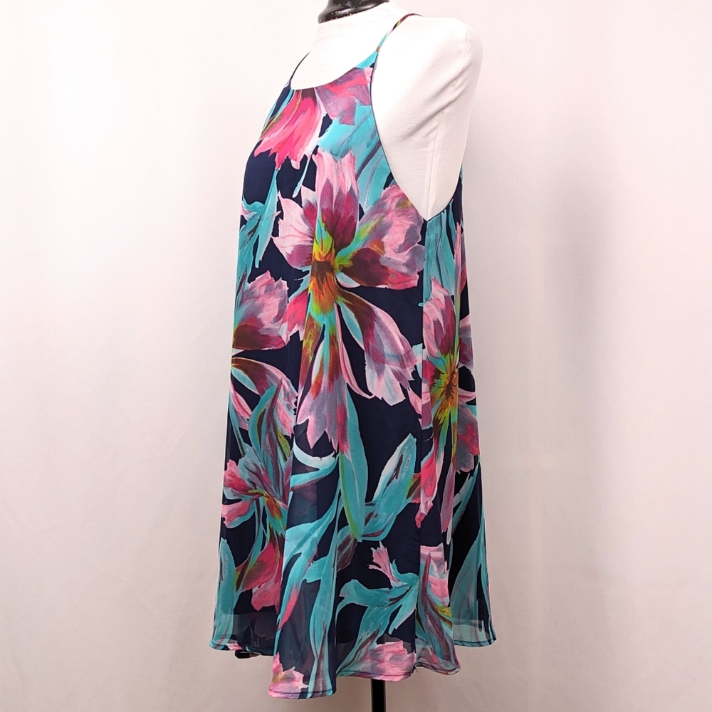 LuLu's Here and Luau Swing Dress Tropical Floral Print Spaghetti Strap Navy Med - Picture 4 of 15